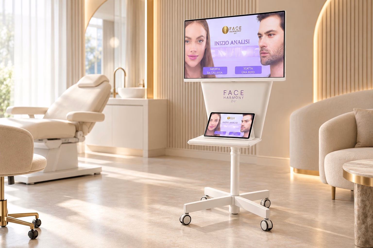 Dispositivo Face Harmony DV con monitor, tablet console e base su ruote nella cabina beauty della copertina ufficiale